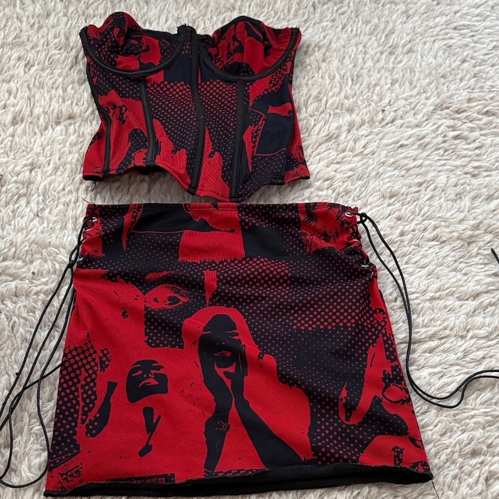 Edikted Red and Black Printed Corset Top & Skirt Set